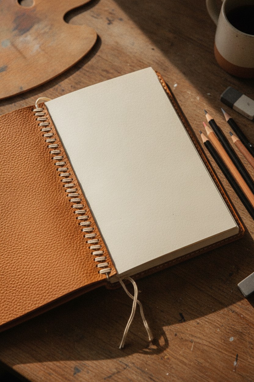 Taba deri sketchbook, çizim sayfaları açık